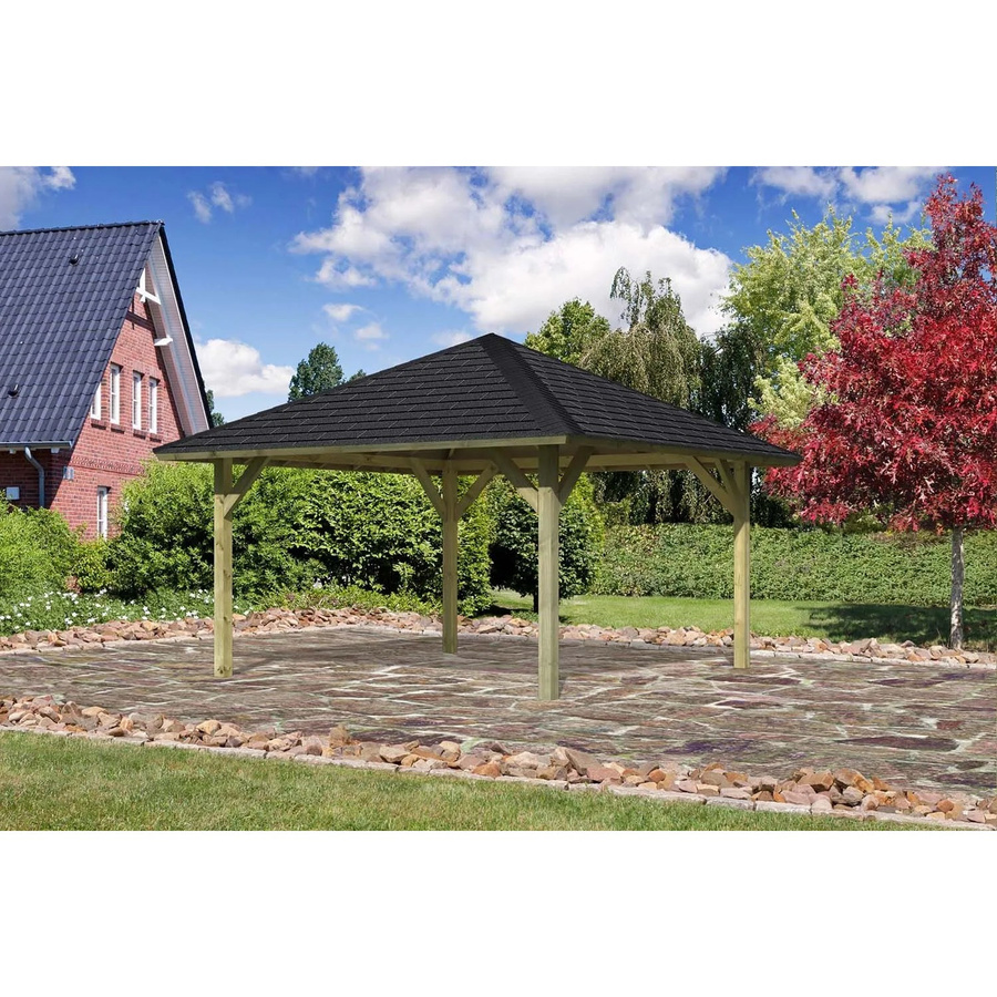 Karibu Pavillon Holm 1 aus nordischem Fichtenholz mit Walmdach und schwarzen Rechteckschindeln, Farbe: Schwarz, B/T/H: 431 x 431 x 315 cm - Bild 2