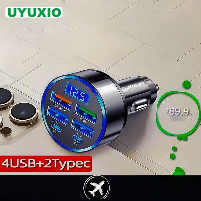 UYUXIO 6-in-1 USB-C Autoladegerät-Adapter mit Spannungsanzeige und Voltmeter für Schnellladung von iPhone und Samsung - Bild 1