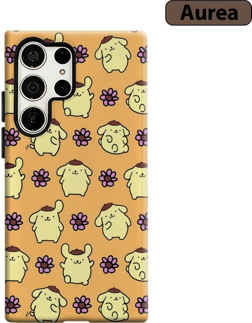 Stoßfeste Doppelschicht Handyhülle mit Terrakotta-Welpen und lila Blumen für Samsung Galaxy S25 Ultra, S24 und S23 Ultra Plus - Bild 1