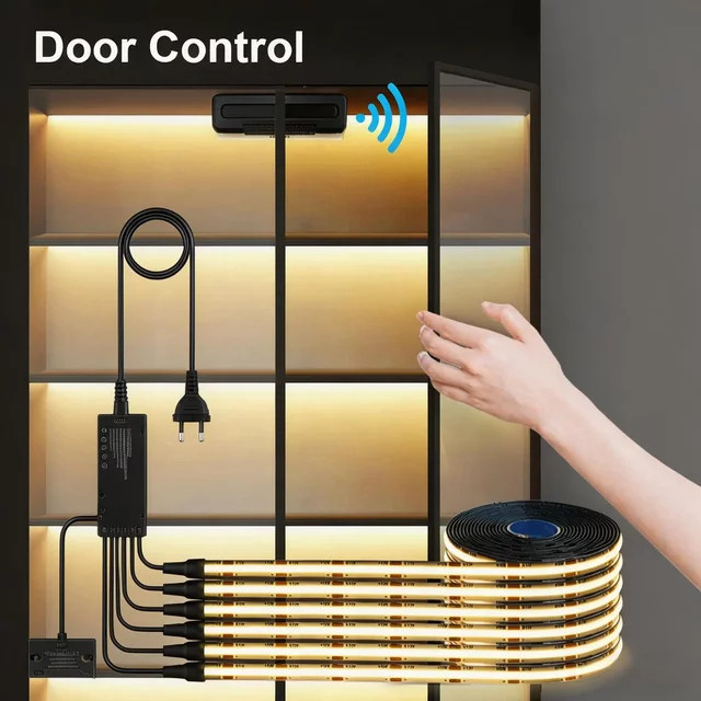 Gyarfas COB LED-Lichtleisten Set mit Doppeltür-Sensorschalter, 12V Schrankbeleuchtung in Schwarz, Warmweiß - Bild 1