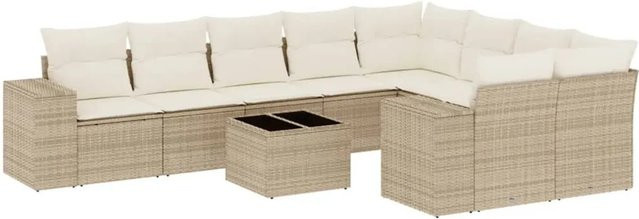 vidaXL 10-tlg. Garten-Sofagarnitur in L-Form aus Poly-Rattan mit Kissen in Beige-Creme - Bild 1