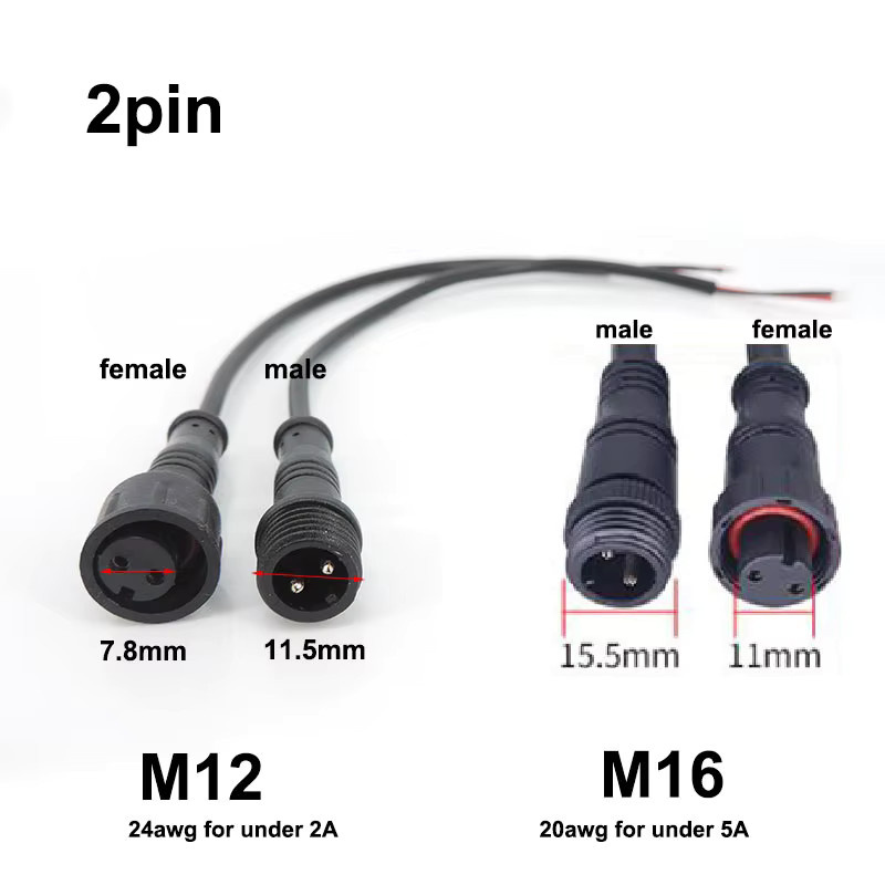 Wasserdichter DC-Steckverbinder M12 M16 2-3-polig mit Mutter, IP65 Kabelanschluss für LED-Streifen in Schwarz - Bild 2