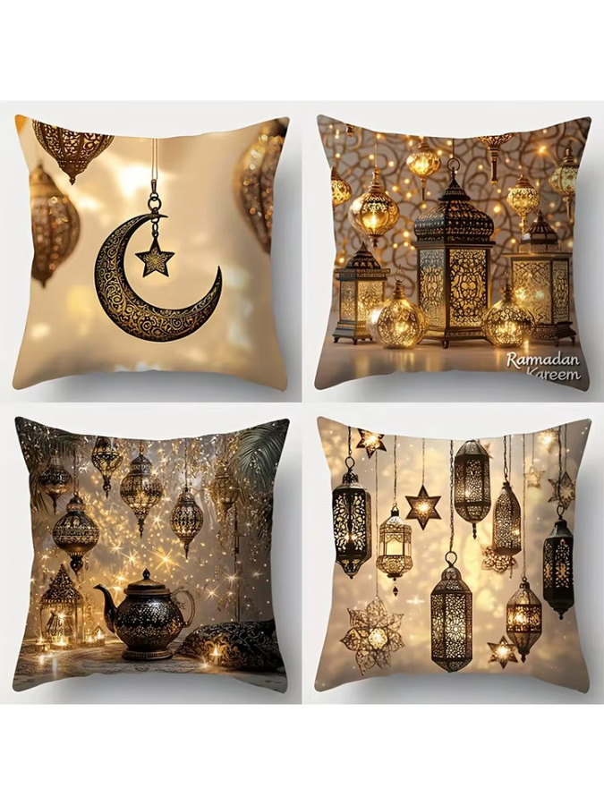ZZN Kissenbezug mit Ramadan-Aufdruck in Orientalischem Design mit Mond, Sternen und Teekanne, quadratisch, Breite: 45 cm, Höhe: 45 cm - Bild 4
