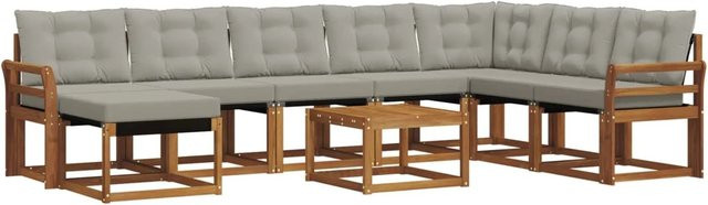 vidaXL Outdoor-Sofagarnitur 9-teilig aus Akazienholz und Textilene in Natur und Hellgrau mit Kissen und Armlehnen - Bild 1