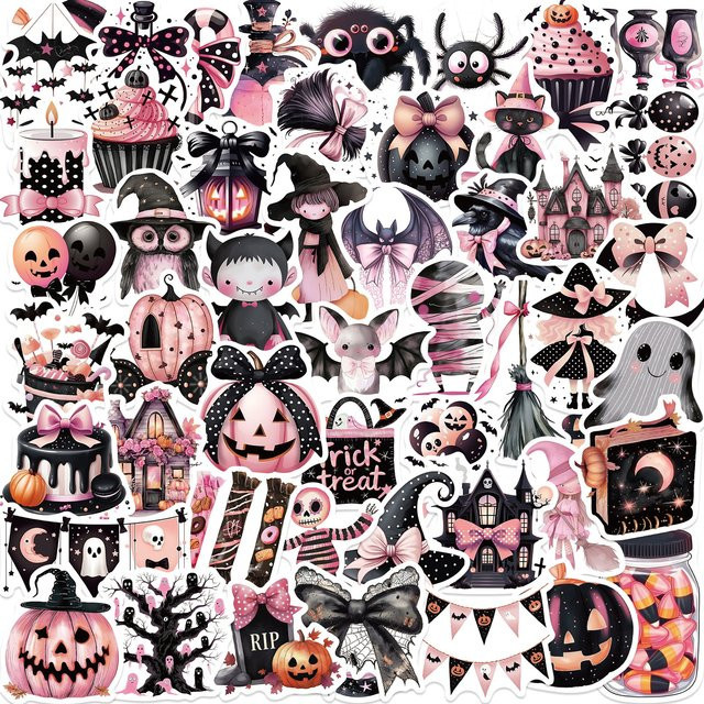 50 Stück MRJIAANGSON Halloween Aufkleber Set in Rosa und Schwarz, wasserfeste Graffiti Aufkleber für Laptop, Telefon, Gitarre und Koffer - Bild 1