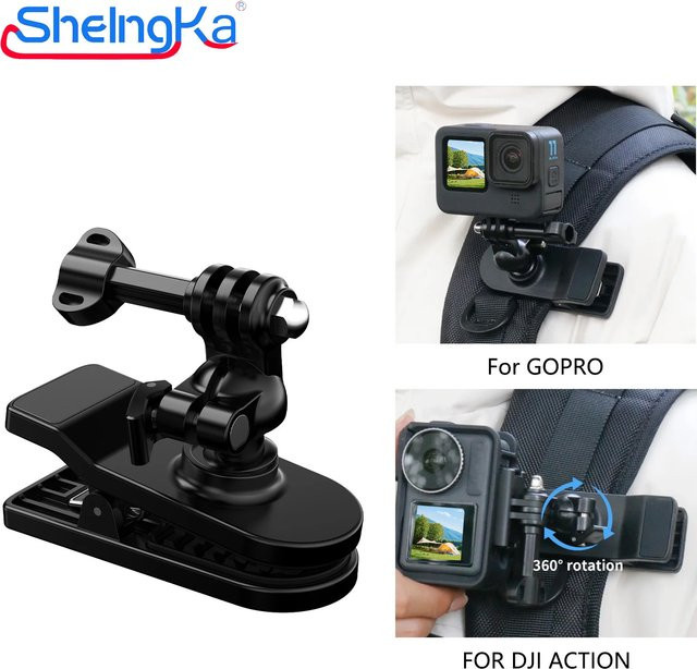 Sheingka 360 Grad Rotations Rucksack Clip Clamp Halterung in Schwarz für GoPro Hero 13 12 11 10 9 8 7 Insta360 und DJI Action Kameras - Bild 1