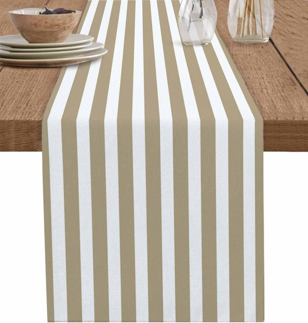 JINGYUE Pet Tischläufer aus Leinen und Polyester, gestreift in Salbeigrün und Beige, B/H: 150 x 33 cm - Bild 1