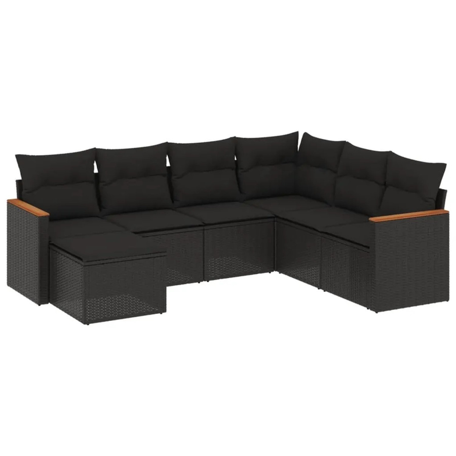 vidaXL 7-tlg Garten-Sofagarnitur in L-Form aus Poly-Rattan und Akazienholz mit Kissen in Schwarz - Bild 2