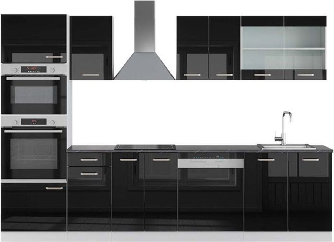 Vicco Küchenzeile R-Line in Schwarz Hochglanz und Weiß mit Hochschrank in Anthrazit, Breite: 300 cm, Höhe: 207 cm, Tiefe: 60 cm - Bild 1