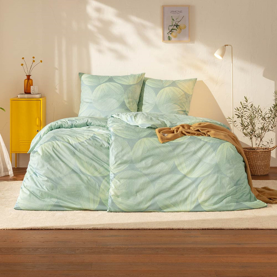 Estella Mako Jersey Bettwäsche Dora Achat Grün mit Punkten, Set bestehend aus Bettbezug und Kissenbezug, B/H: 135 x 200 cm und 80 x 80 cm - Bild 1