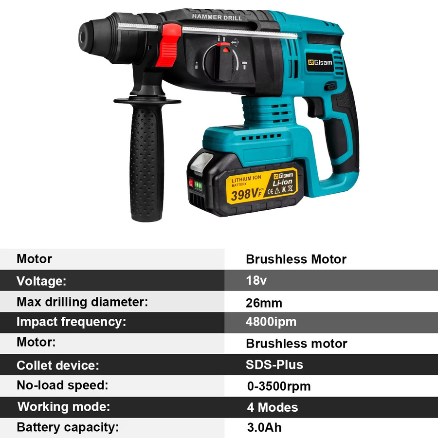 Gisam bürstenloser elektrischer Bohrhammer 26 mm, kabelloses multifunktionales Elektrowerkzeug für Makita 18 V Akku - Bild 5
