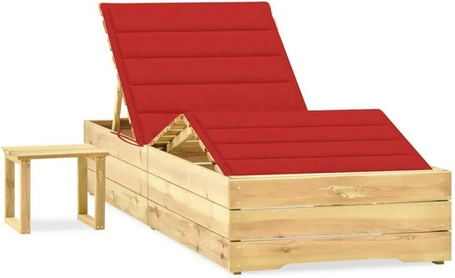 Furnicato Garten-Sonnenliege aus imprägniertem Kiefernholz mit Tisch und roter Auflage, B/T/H: 198 x 90 x 30-75 cm - Bild 1