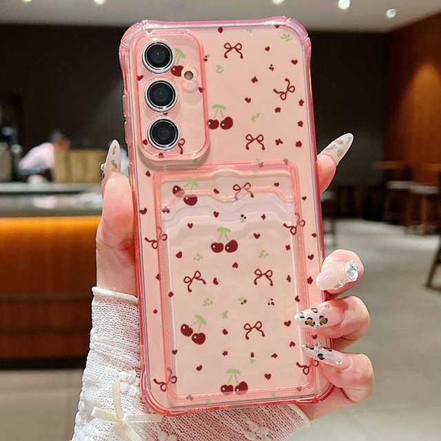 Samsung Handyhülle mit Kirschmuster als Kartenetui und Brieftaschenhülle für Galaxy S23 S24 S25 Ultra A55 A35 A25 A15 A16 A54 A56 A36 5G aus TPU in Pink und Transparent - Bild 1