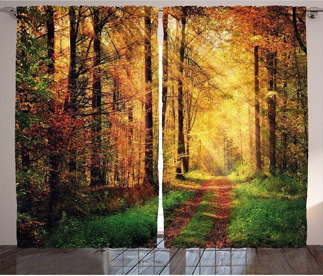 A Family Of Home Textiles 3D-Vorhang mit Herbstwald-Sonnenuntergang-Motiv aus Polyester, 2er-Set, Mehrfarbig, Breite: 90 cm, Höhe: 220 cm - Bild 1