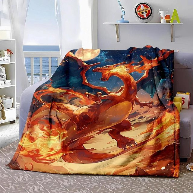 Pokémon Glurak Muster Decke, weich und flauschig, grau, B/B: 150 x 180 cm - Bild 1