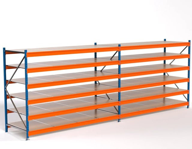 PROREGAL Industrie Weitspannregal MAXIMUS PRO Lagerregal mit 2 Feldern und 6 Spanplatten-Fachböden, Blau/Orange, H x B x T: 200 x 550 x 100 cm - Bild 1
