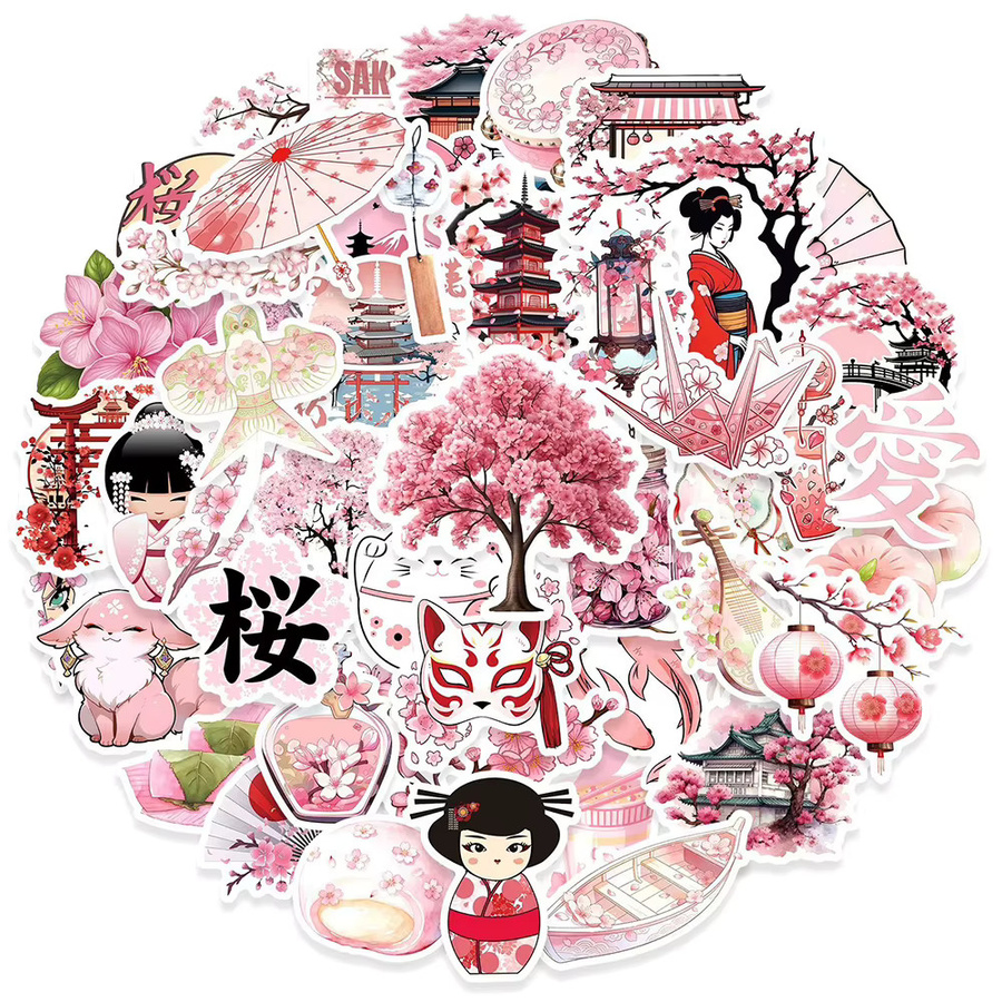 Charile Japanische Rosa Kirschblüten Cartoon-Aufkleber, 10/30/50 Stück - Bild 2