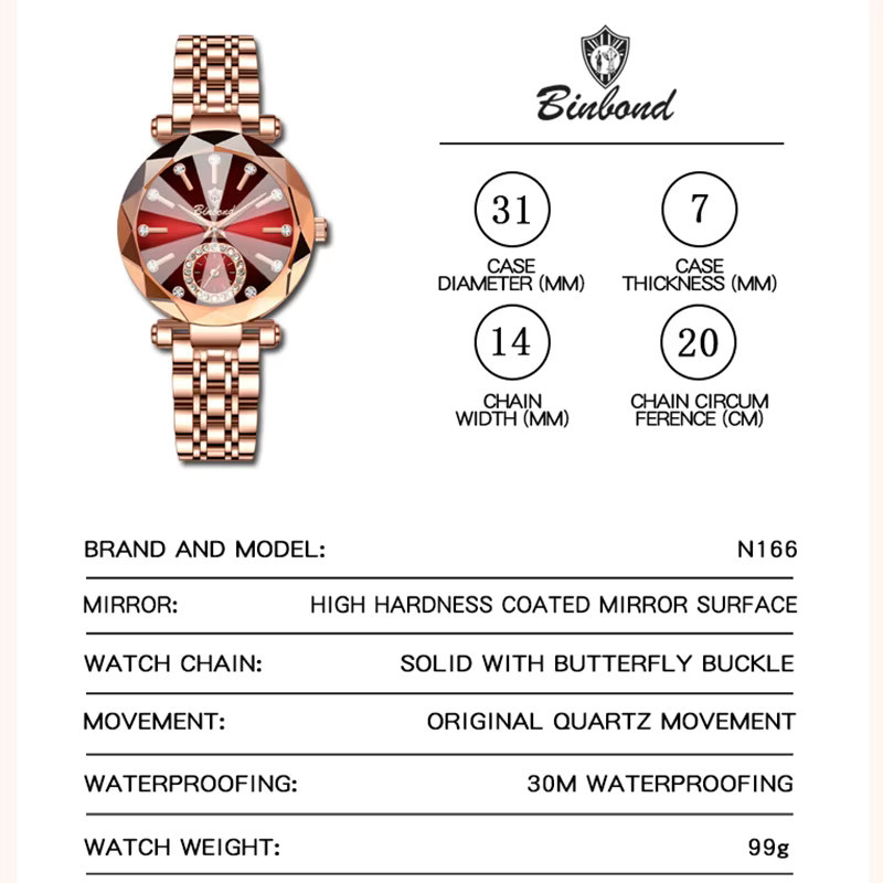 BINBOND Armbanduhr Edelstahl, Quarz, Roségold, Damen - Bild 3