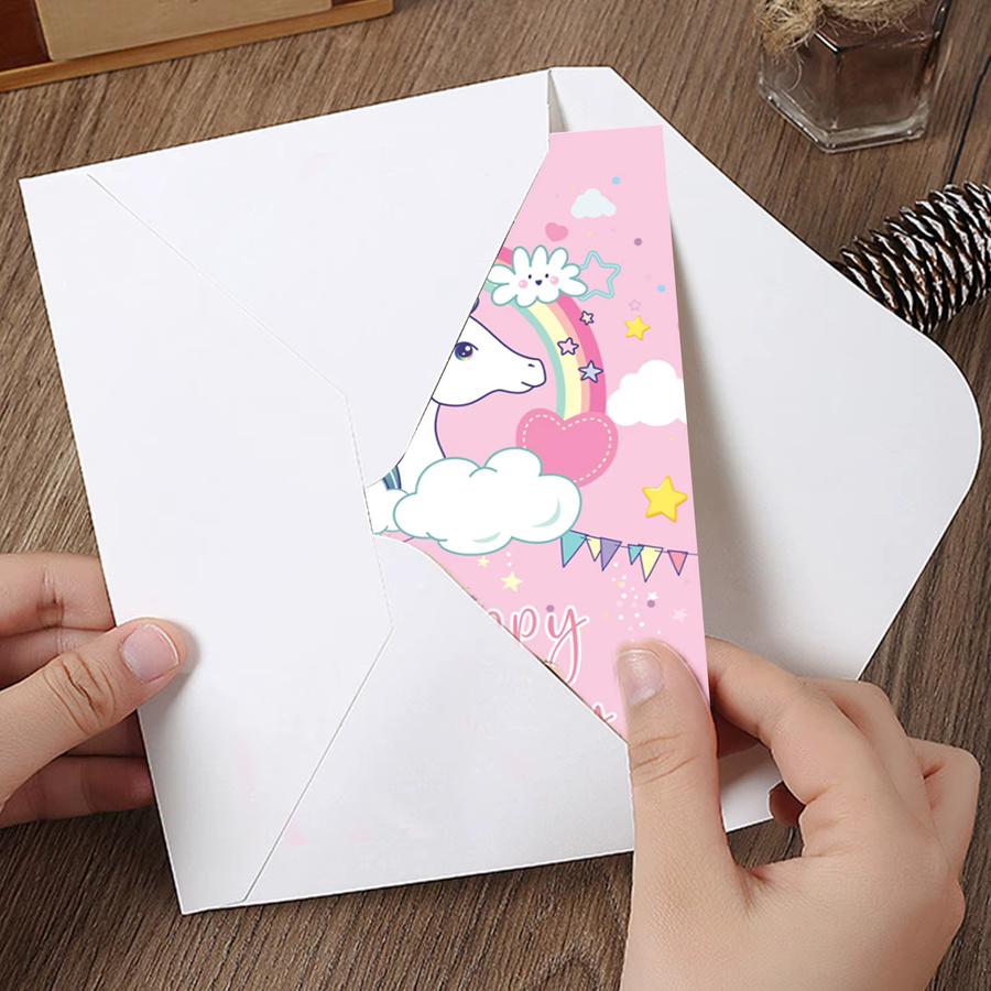 Rosa Einhorn Geburtstagskarten mit Regenbogen-Motiv und Umschlägen für Kinder, DIN A6 - Bild 3
