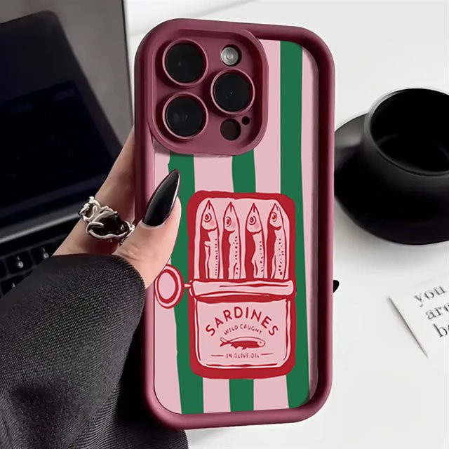 Retro Handyhülle mit lustigem Sardinen-Dosen-Design und Streifen in Rot und Multicolour für iPhone Modelle - Bild 1