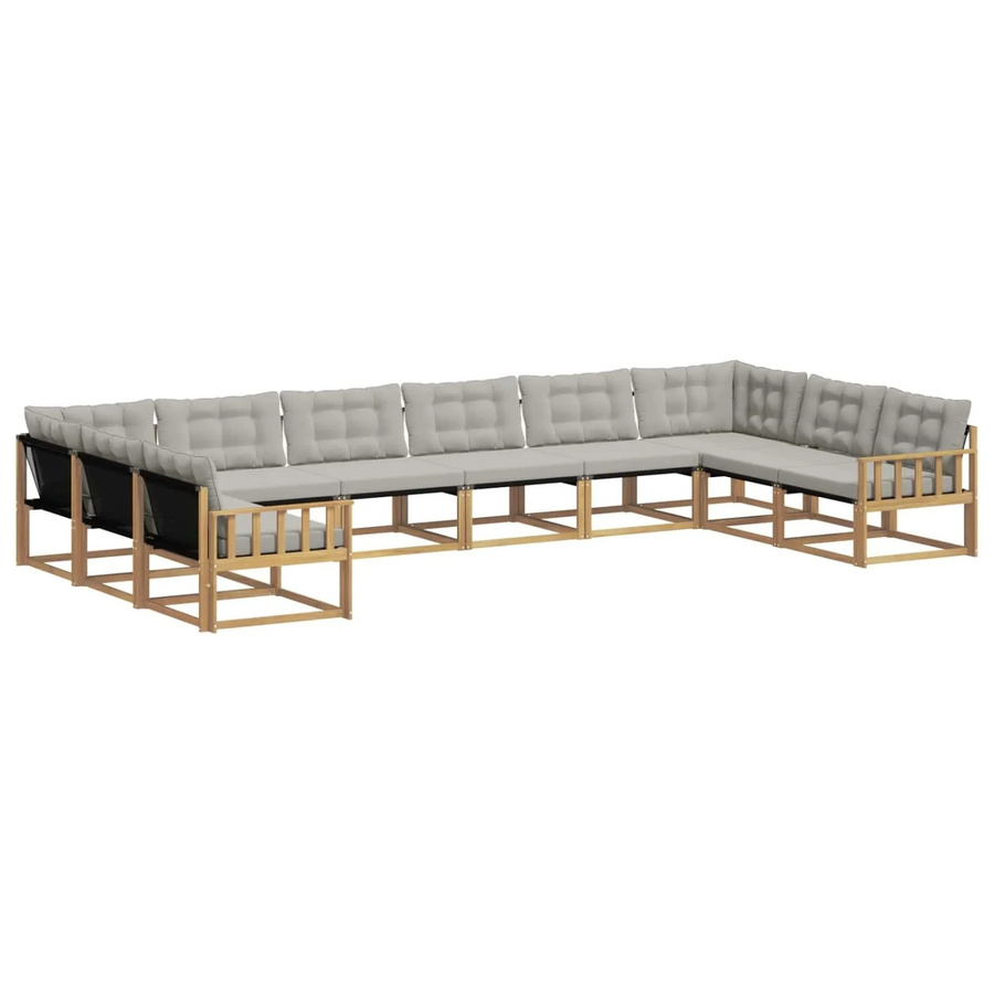 vidaXL Outdoor-Sofagarnitur 10-teilig in U-Form aus Akazienholz mit Textilene und Kissen in Weiß-Hellgrau - Bild 2