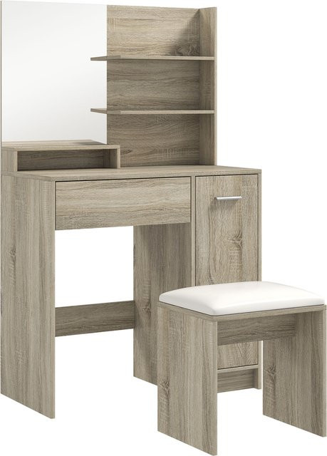 HOMCOM Schminktisch mit Hocker und Spiegel in Natur, inklusive offener Regale, Schublade und verstellbarem Regal für dein Schlafzimmer oder Ankleidezimmer - Bild 1