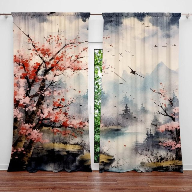 Yiran Furniture Vorhang Set mit chinesischer Tuschemalerei und roten Blumen, 2 Stück, halbtransparent, Farbe: Rot/Mehrfarbig, B/H: 50 x 100 cm - Bild 1