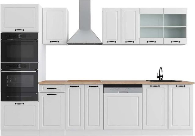 Vicco R-Line Küchenzeile Landhaus Weiß mit Hochschrank Eiche, Breite: 300 cm, Höhe: 207 cm, Tiefe: 60 cm - Bild 1