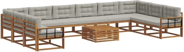vidaXL Outdoor-Sofagarnitur aus Massivholz in U-Form, 11-teiliges Set mit Kissen in Natur und Hellgrau - Bild 1