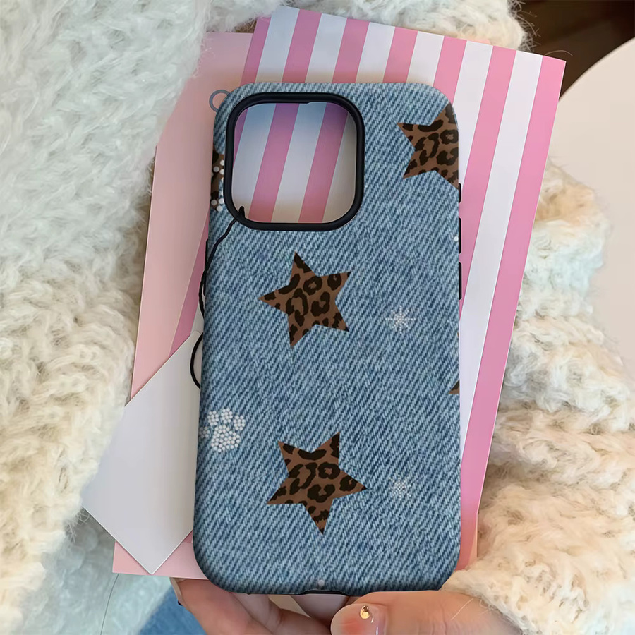 Potdemiel Handyhülle Denim Leopard Star für iPhone 17 16 15 14 13 Pro Max Plus mit doppelschichtiger Rückseite in Blau - Bild 4