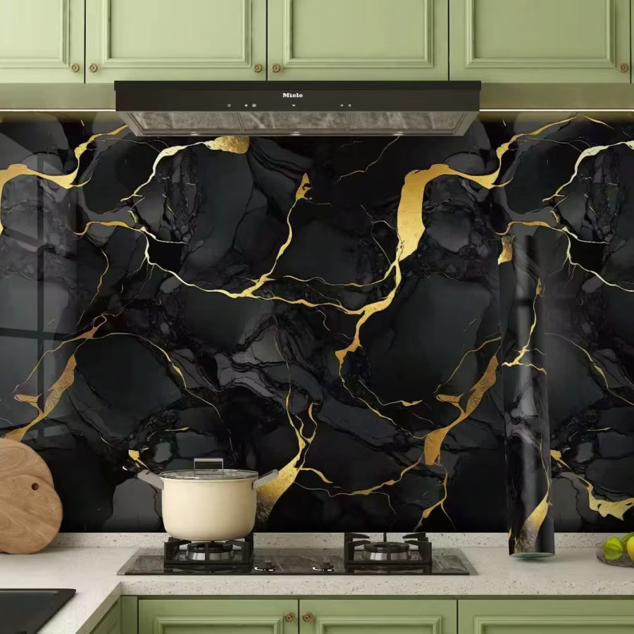 TTOKKONG WALLPAPER Selbstklebende Marmor Tapete in Schwarz mit metallischer und reflektierender Oberfläche, wasserdichte Wandgestaltung für moderne Dekorationen - Bild 2