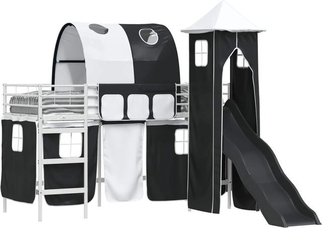 vidaXL Kinderloftbett aus Metall in Weiß, Schwarz und Blau mit Hausrahmen, B/T/H: 90 x 190 x 105 cm - Bild 1