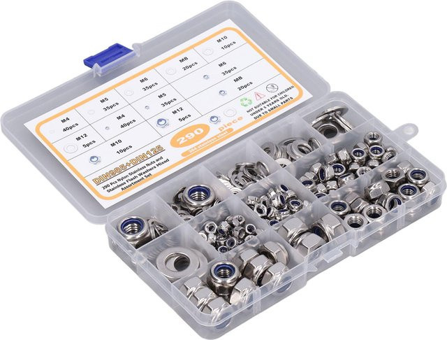 TOMTOP JMS 290-teiliges Sortiment aus Muttern, Unterlegscheiben und Nylon-Sicherungsmuttern aus 304 Edelstahl in Silber, Größen M4 bis M12 - Bild 1