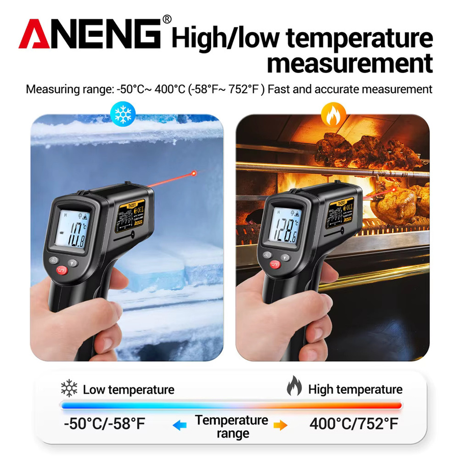 ANENG TH201 Digitales Infrarot-Thermometer mit Hygrometer in Orange-Schwarz zur berührungslosen Temperaturmessung von -50 bis 400 °C für Industrie und Haushalt - Bild 2