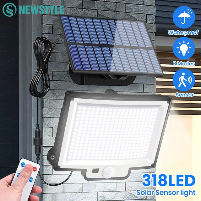 Wasserdichte Solar-Außenleuchte mit 318 LEDs und Bewegungsmelder, IP65 wetterfeste Wandleuchte für Garten und Zaun, weiß mit 3 Beleuchtungsmodi - Bild 1