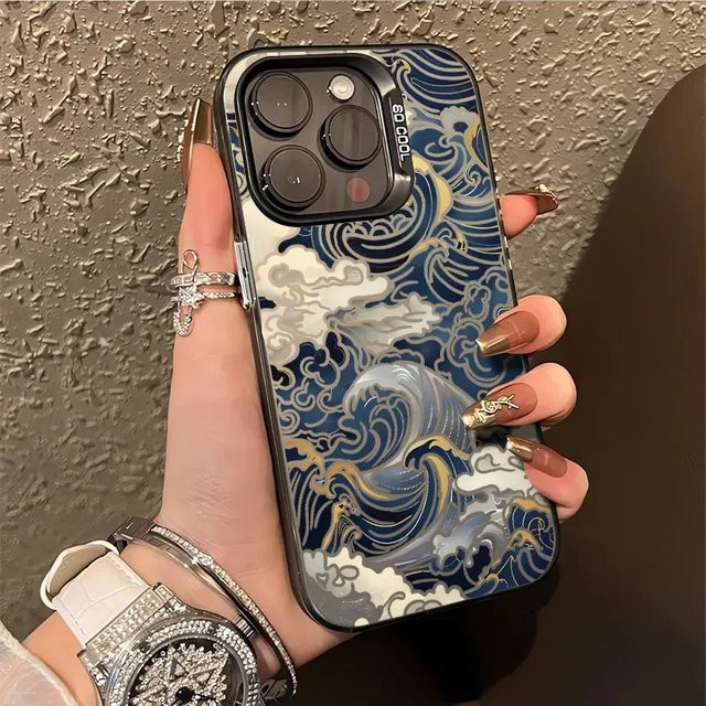 Stoßfeste Hardcover Schutzhülle im Japanische Wellen Design für Apple iPhone 11 bis 17 Pro Max Plus Air in Silber - Bild 1