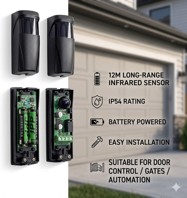 Scimagic-RC Infrarot-Fotoelektrischer Sensor für Zugangskontrolle und Torautomatisierung, 12m Reichweite, Schwarz, IP54, Batteriebetrieben - Bild 1