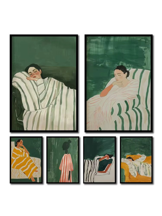 Minimalistisches abstraktes Leinwandgemälde von Potdemiel in Smaragdgrün mit gestreiftem Design als modernes Wanddekor für Kinderzimmer - Bild 3