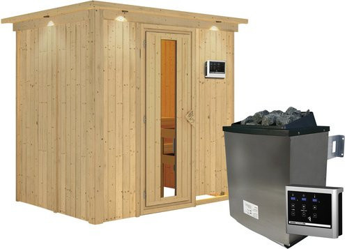Karibu Sauna Kothla aus Fichtenholz mit 9 kW Saunaofen und externer Steuerung für 3 Personen, beige, B/T/H: 210 x 165 x 202 cm - Bild 1