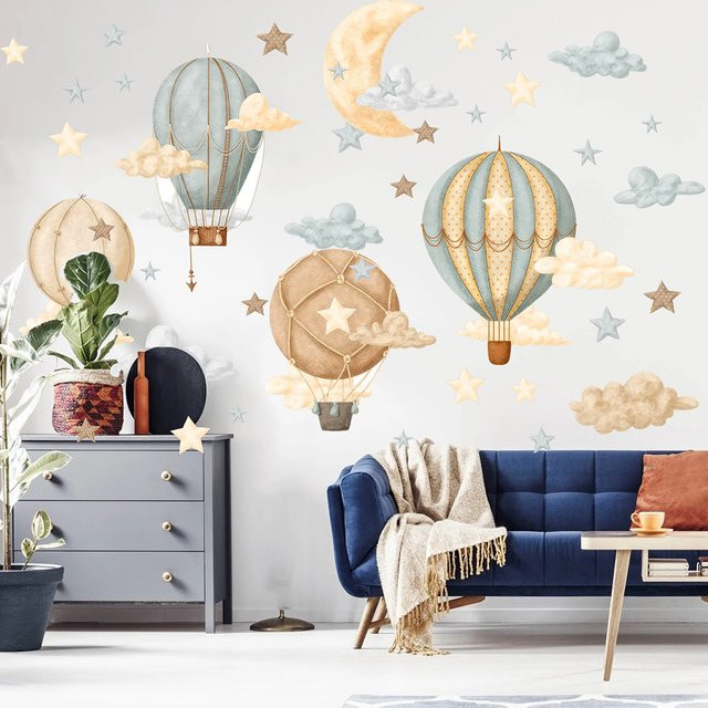Duruibom Wandtattoo für Kinderzimmer mit Heißluftballons, Mond und Wolken im Vintage Aquarell Design - Bild 1