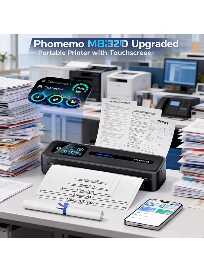 Phomemo M832D Tragbarer Thermodrucker mit Touchscreen, Tintenlos, unterstützt A4 und US Letter, kompatibel mit iOS, Android und PC, Schwarz - Bild 7