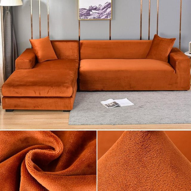 Elastischer Samt-Sofabezug für Ecksofas von Your Warm Home, orange, Breite: 235-300 cm - Bild 1