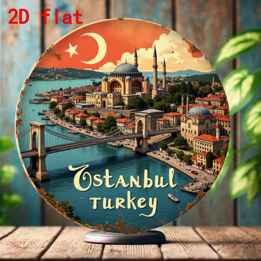 Runder Metallblech Wanddekor Potdemiel mit goldenem Istanbul Türkischem Landschaftsdesign, Durchmesser: 20,07 cm - Bild 3
