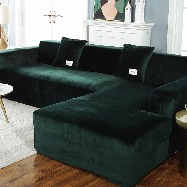 Elastischer Samt Sofabezug für 3-Sitzer Chaiselongue, Dunkelgrün, Breite: 190-230 cm - Bild 1