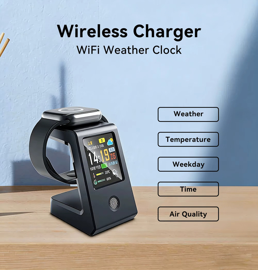 GEEKMAGIC Intelligente WLAN-Wetteruhr mit kabellosem Laden, digitale Tischuhr mit Echtzeit-Wetteranzeige und Touch-Steuerung, Schwarz - Bild 2
