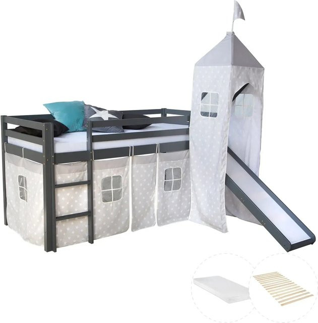 Homestyle4u Kinderhochbett aus Kiefernholz in Grau mit Rutsche, Lattenrost und Matratze - Bild 1