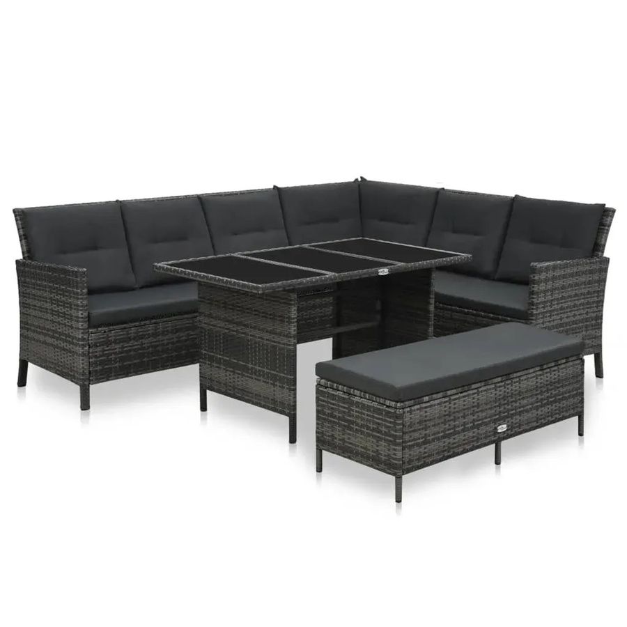 vidaXL 3-tlg. Garten-Lounge-Set aus Poly Rattan in Grau mit Auflagen und Couchtisch, L-Form - Bild 2