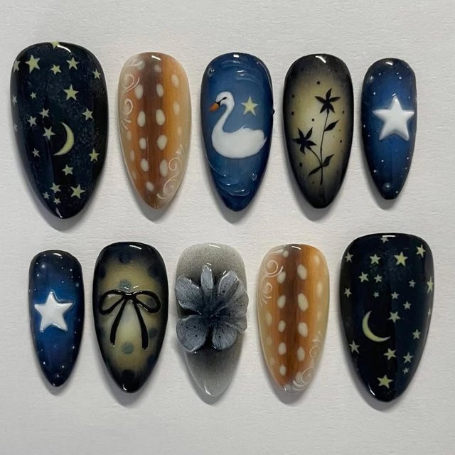 YADORNOS Kunstnägel, 24 Stück, Schwarz Mandel, Glänzend, Stern- und Mond-Stil - Bild 1