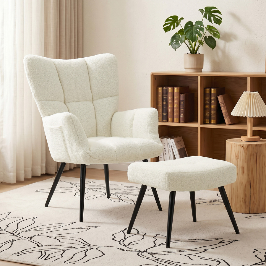HOMCOM Relaxsessel mit Fußhocker aus weichem Teddy-Stoff in Beige mit gesteppter Rückenlehne und Seitentaschen - Bild 2