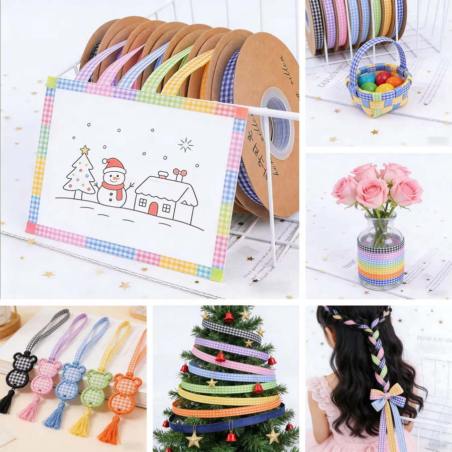 8 Rollen kariertes Polyesterband von OEMOO in Grün und Mehrfarbig, 3/8 Zoll Gitterband für Haarschmuck, Basteln und Weihnachtsdekoration - Bild 2